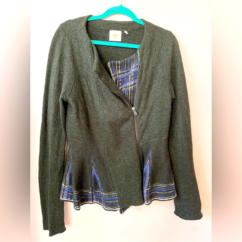 Anthropologie brand Monogram dark green plaid wool blend button/zip cardi sz m